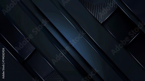 Modern black blue abstract background. Minimal. Color gradient. Dark. Web banner. Geometric shape. 3d effect. Lines stripes triangles. Design. Futuristic. Cut paper or metal effect - generative ai