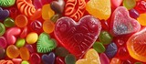 This close-up photo showcases a variety of brightly colored candies and jellies spread out on a heart-shaped background. The vibrant colors and different shapes of the candies create an eye-catching