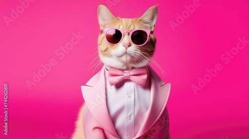 Portrait of a white cat in a tuxedo wearing sunglasses and a suit, animal fashion concept.Business concept photo