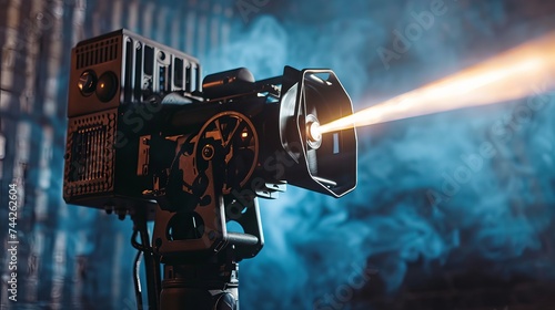 Movie projector on a dark background with light beam photo