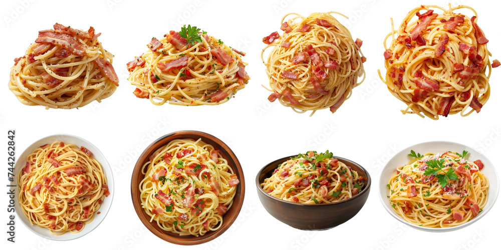 Carbonara spaghetti collection in 3d png transparent for product presentation. Carbonara spaghetti collection in 3d png transparent for product presentation.