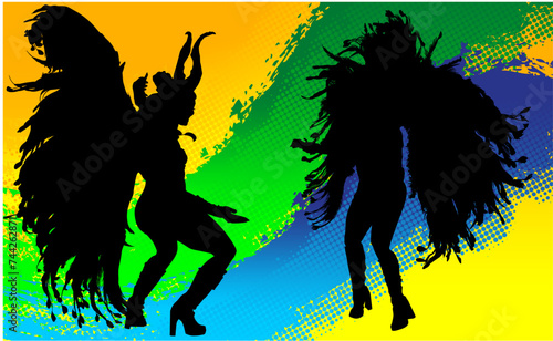 samba, baile, brasil, danza, carnaval, silueta, color, vector, pegatina, plumas, traje, ilustracion, angel, diablo, pareja