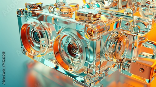 Creation of transparent Cameras, gradient translucent glass fused body, Orange-blue gradient background photo