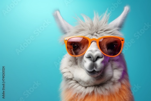 Stylish llama in trendy orange sunglasses, confidently posing with a playful expression against a vibrant blue background, creating a captivating animal fashion statement. © katrin888