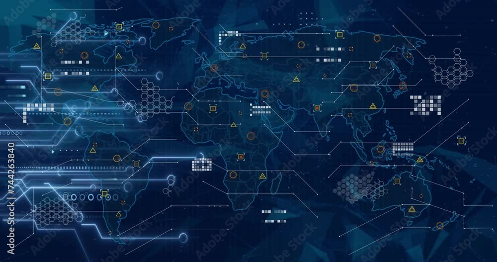 Animation of circuit board, world map and data processing over blue background Animation of circuit board, world map and data processing over blue background