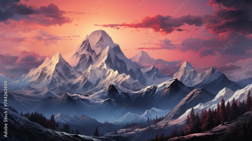 High Mountains at Evening Sunrise or Sunrise, Dramatic Sky Cloudscape Background, First Light of Day Gently Kisses the Snowy Slopes. Peaceful and Picturesque Scene Wallpaper High Mountains at Evening Sunrise or Sunrise, Dramatic Sky Cloudscape Background, First Light of Day Gently Kisses the Snowy Slopes. Peaceful and Picturesque Scene Wallpaper