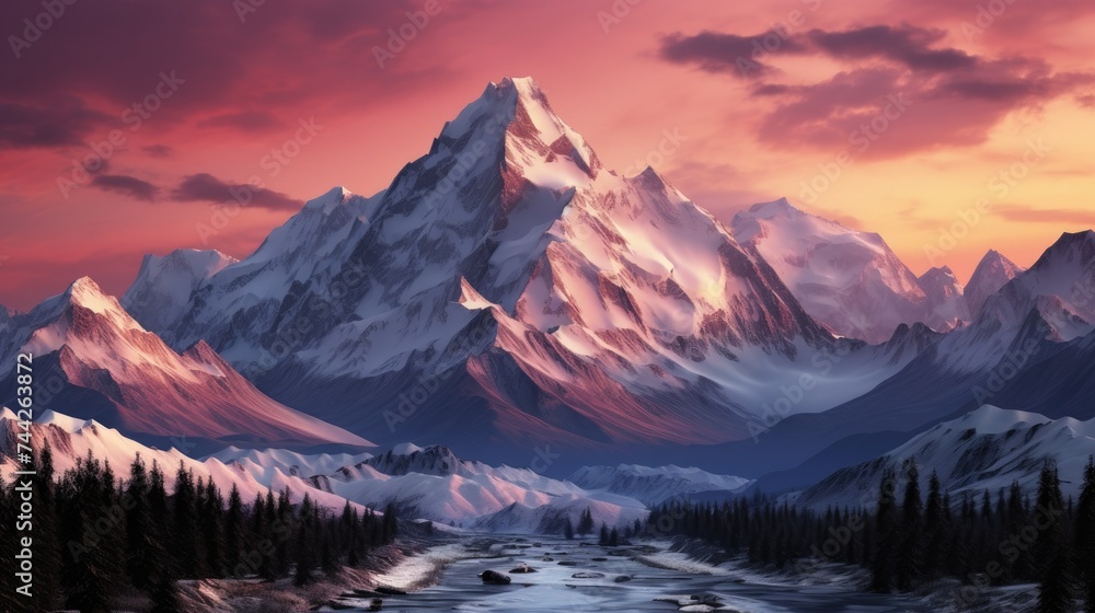 High Mountains at Evening Sunrise or Sunrise, Dramatic Sky Cloudscape Background, First Light of Day Gently Kisses the Snowy Slopes. Peaceful and Picturesque Scene Wallpaper - obrazy, fototapety, plakaty 