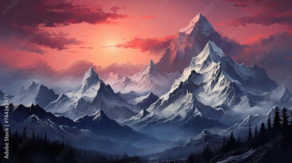 High Mountains at Evening Sunrise or Sunrise, Dramatic Sky Cloudscape Background, First Light of Day Gently Kisses the Snowy Slopes. Peaceful and Picturesque Scene Wallpaper