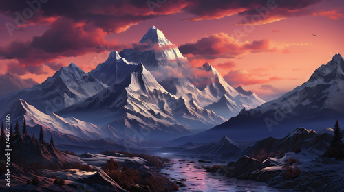 High Mountains at Evening Sunrise or Sunrise, Dramatic Sky Cloudscape Background, First Light of Day Gently Kisses the Snowy Slopes. Peaceful and Picturesque Scene Wallpaper © RBGallery