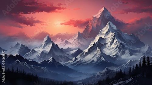 High Mountains at Evening Sunrise or Sunrise, Dramatic Sky Cloudscape Background, First Light of Day Gently Kisses the Snowy Slopes. Peaceful and Picturesque Scene Wallpaper © RBGallery