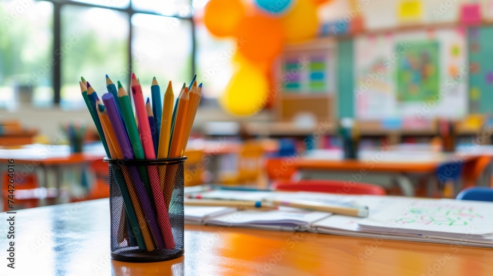 tables in the background with crayons and paper generative ai tables in the background with crayons and paper generative ai