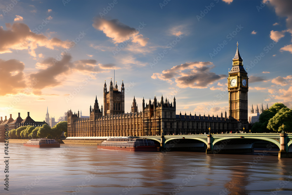 Sunset Panorama of Historic London: Big Ben, River Thames and surrounding landmarks