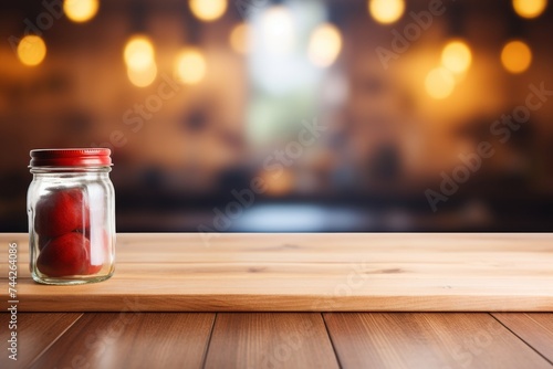 Rustic wooden table with a red jar filled with red apples in front of a warm glowing background of lights and a large window, creating a cozy and inviting atmosphere.