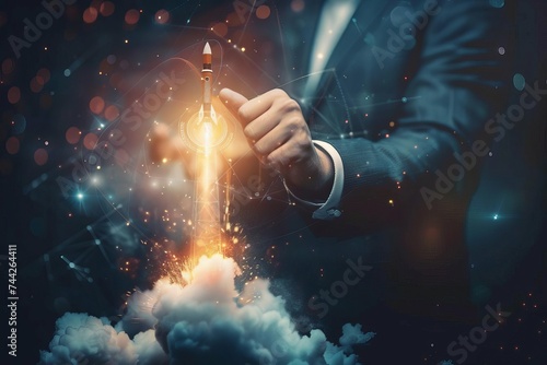 Innovative startup concept with a businessman interacting with a virtual rocket launch Symbolizing growth Ambition And the pioneering spirit of entrepreneurship.