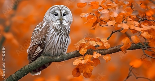 The Ural Owl, Strix uralensis, Poised Elegantly on an Oak Branch as Autumn Unfolds Around