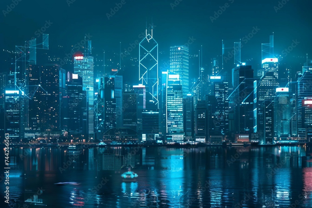 Nighttime panorama of a futuristic cityscape integrated with digital network connections and iot concept