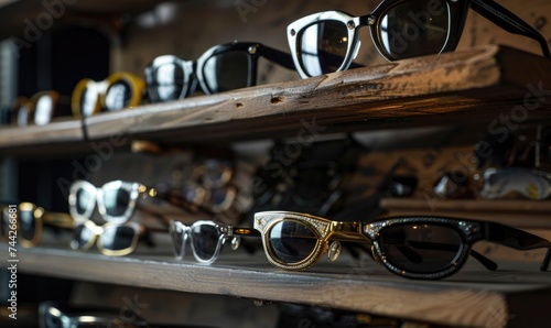 Sunglasses on the shelf in the shop. Selective focus.