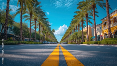 A Street with a Bright Yellow Divider, Complemented by the Natural Beauty of Palm Trees