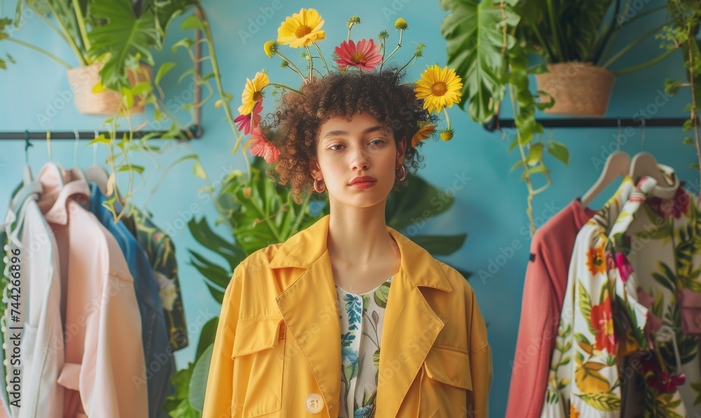 Fototapeta premium beautiful young woman in straw hat and yellow coat with tropical flowers