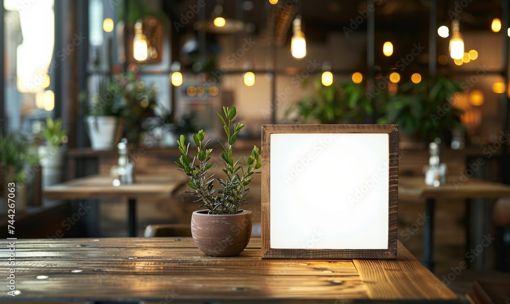 Empty wooden board on table in cafe, closeup. Space for text. Mock up for menu or design Empty wooden board on table in cafe, closeup. Space for text. Mock up for menu or design