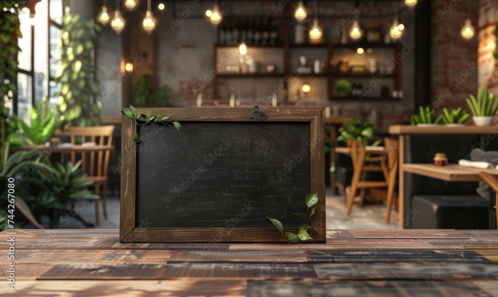 Empty wooden board on table in cafe, closeup. Space for text. Mock up for menu or design