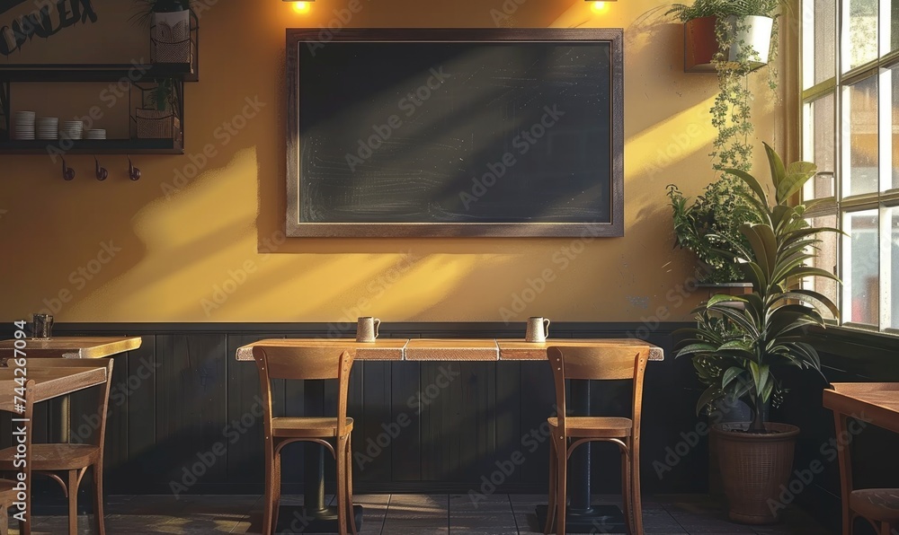 Empty wooden signboard on a wooden table in a cafe or restaurant Empty wooden signboard on a wooden table in a cafe or restaurant