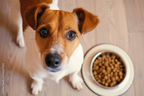 A fawncolored dog breed with white whiskers stands by a bowl of pet food