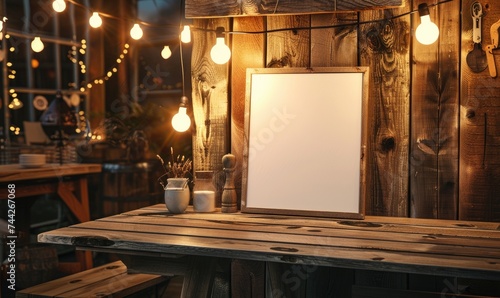 Empty wooden board on table in cafe, closeup. Space for text. Mock up for menu or design photo