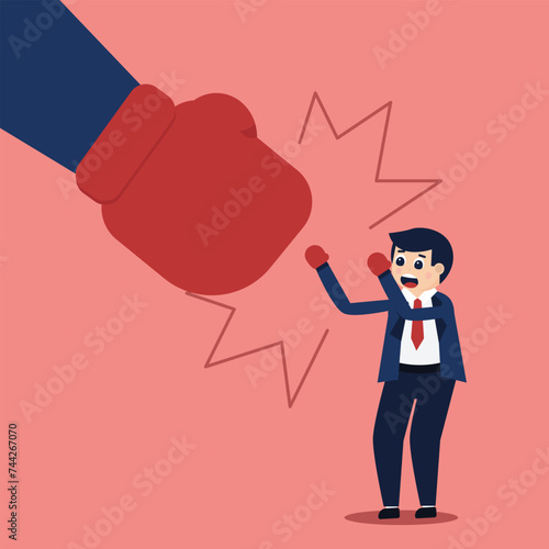 Vector illustration of a businessman facing a large fist, depicting a businessman dealing with business competition