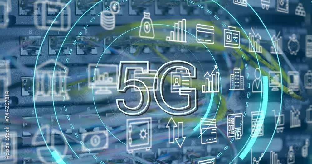 Animation of 5g text, digital data processing over computer servers Animation of 5g text, digital data processing over computer servers