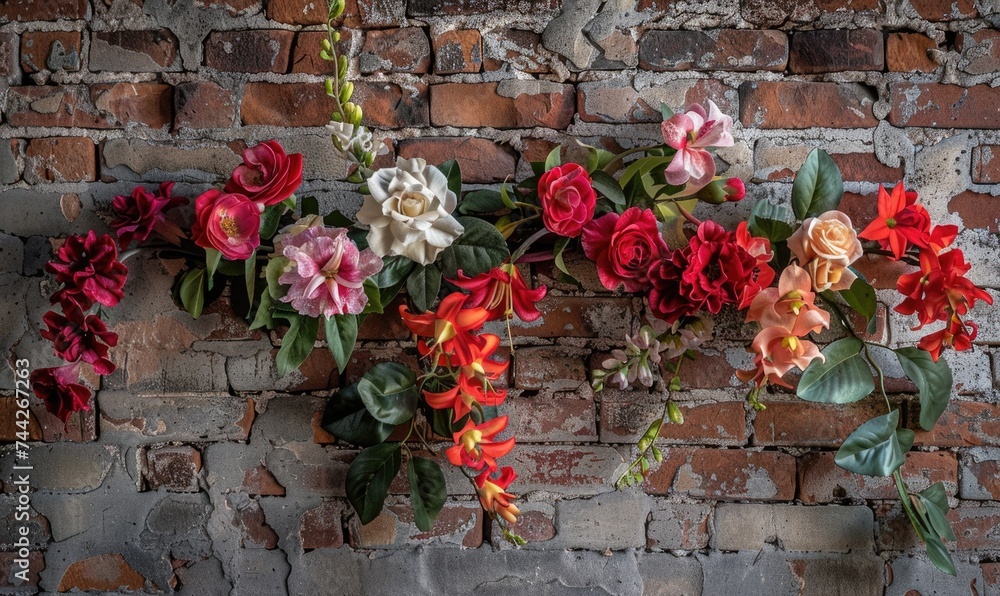 Naklejka premium Brick wall with colorful graffiti and flowers. Grunge background