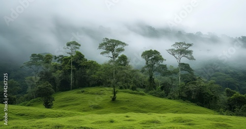 Misty Enchantment - Picturesque Green Trees Rising from a Grassy Hill Against a Foggy Sky in a Clouded Forest