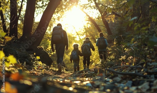 Family hiking in the autumn forest. Mother, father and children hiking in nature.
