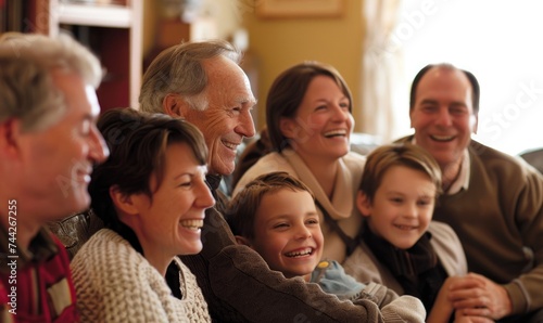 Portrait of happy family sitting on sofa in living room at home