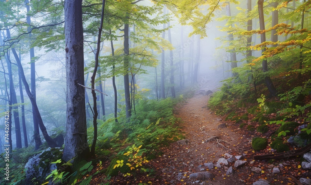 Obraz premium Autumn beech forest in foggy morning. Natural landscape.