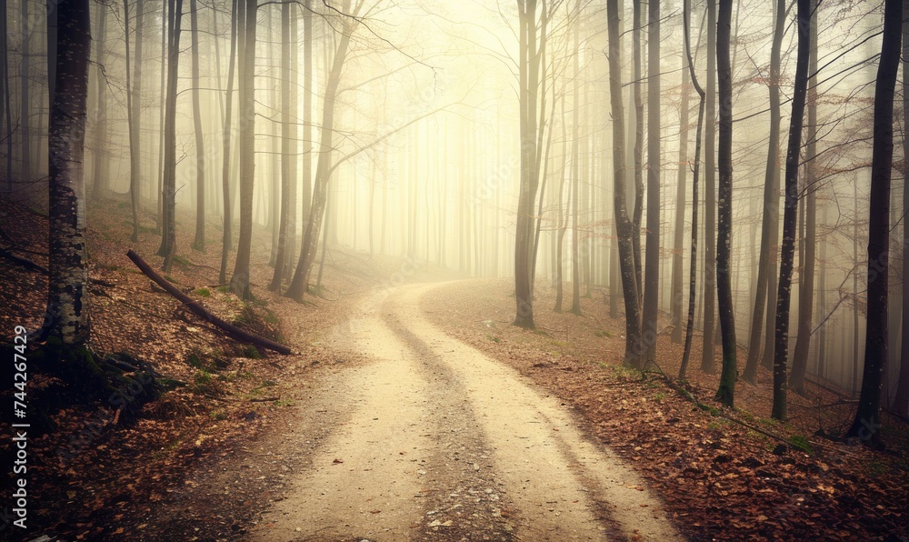 Path in the forest in a mysterious foggy morning. Retro style