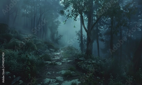Mystical foggy forest. Foggy path in the woods.