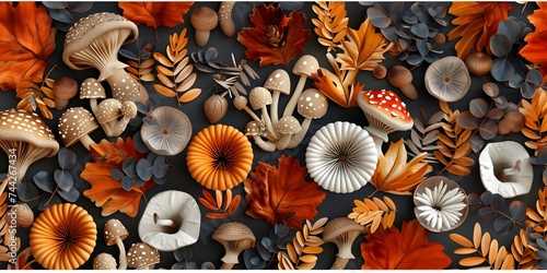 Autumn seamless pattern with mushrooms  plants. natural trendy print    loth pattern. Autumn print. 3d illustration