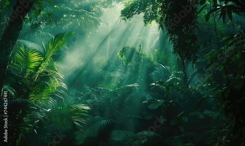 Tropical rainforest with sunbeams and rays of light © TheoTheWizard