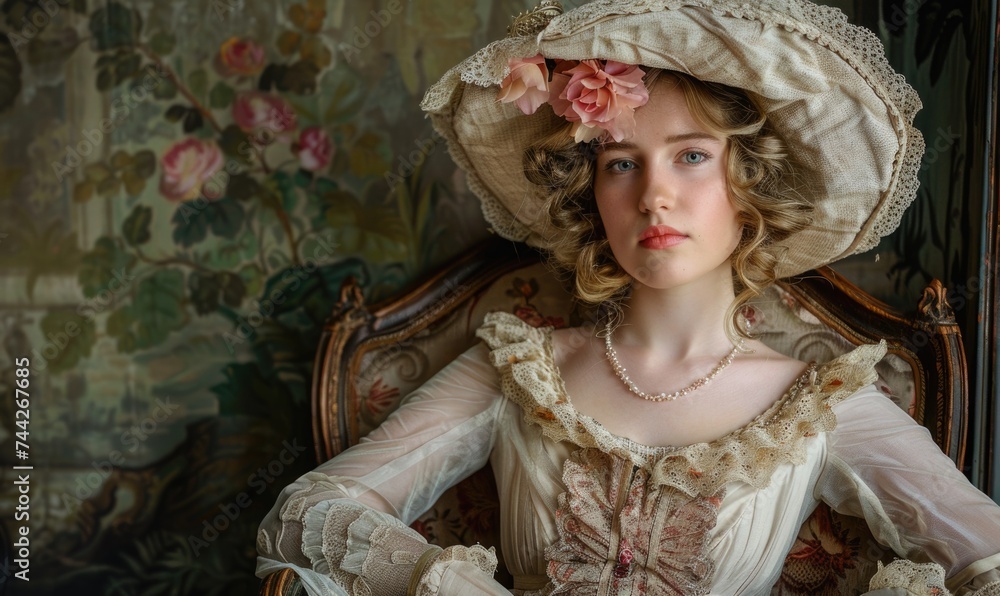 Portrait of a beautiful young woman in a Victorian era dress.