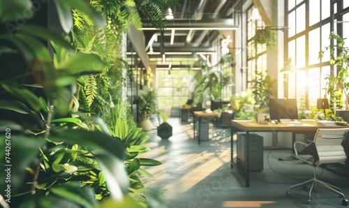 Modern office interior with furniture and plants. Blurred background photo