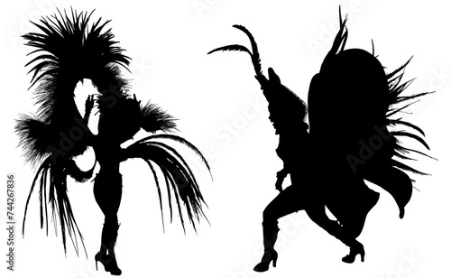samba, baile, brasil, danza, carnaval, silueta, color, vector, pegatina, plumas, traje,  ilustracion, angel, diablo, pareja
