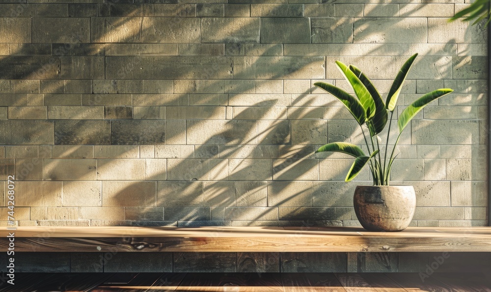 minimalistic interior of room with a brick wall and a plant - obrazy, fototapety, plakaty 