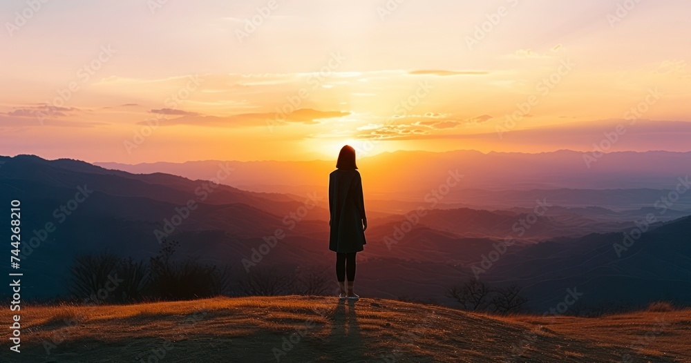 The Elegant Silhouette of a Woman Standing Solitary on a Hill with Mountains Bathed in Sunset
