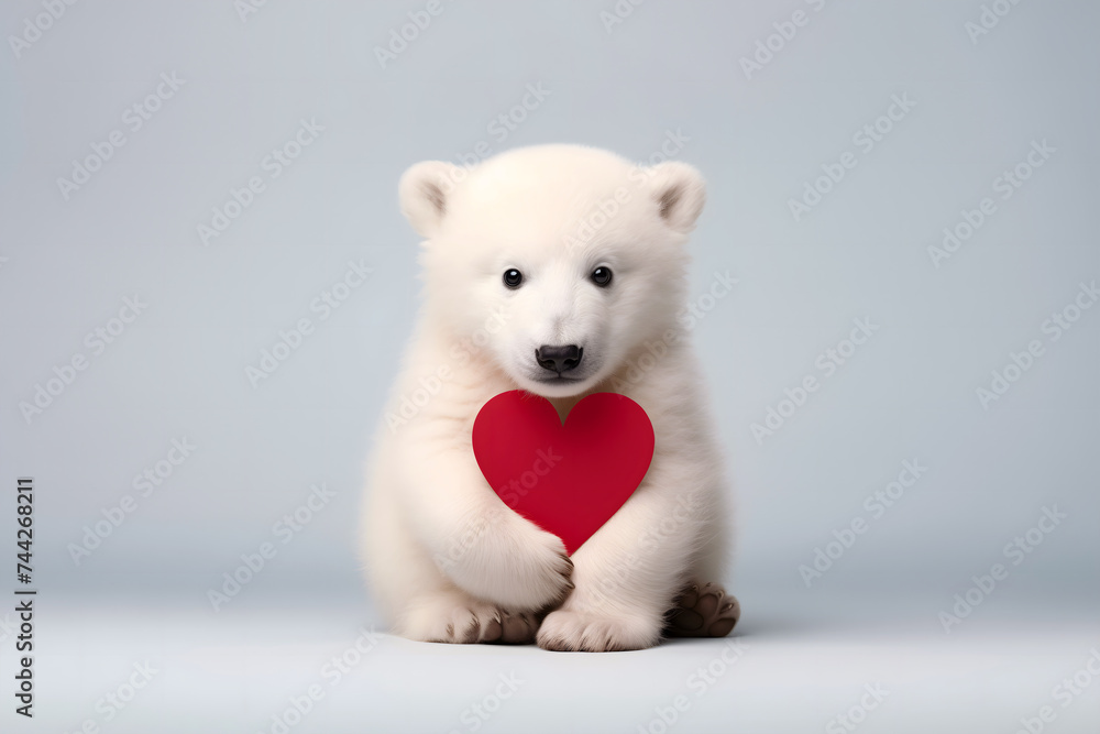 Polar Bear Cub Holding Red Heart with Plain Background Polar Bear Cub Holding Red Heart with Plain Background