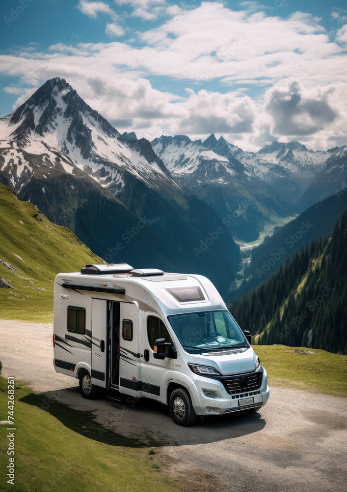 modern van, motor home on a background of mountains, road, travel, transport, car, camper, caravan, recreational vehicle, trailer, tourism, nature, beauty, wheels modern van, motor home on a background of mountains, road, travel, transport, car, camper, caravan, recreational vehicle, trailer, tourism, nature, beauty, wheels