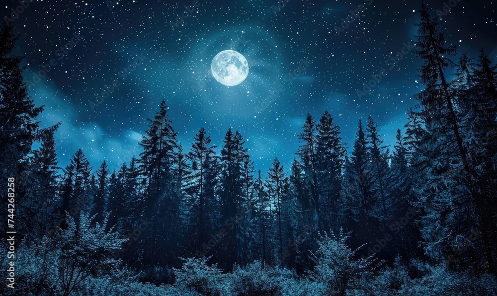 Mysterious dark forest with stars in the sky. Night forest with full moon and stars in the sky. 