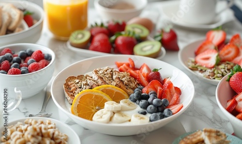 Healthy breakfast with granola, berries and fruits on white table