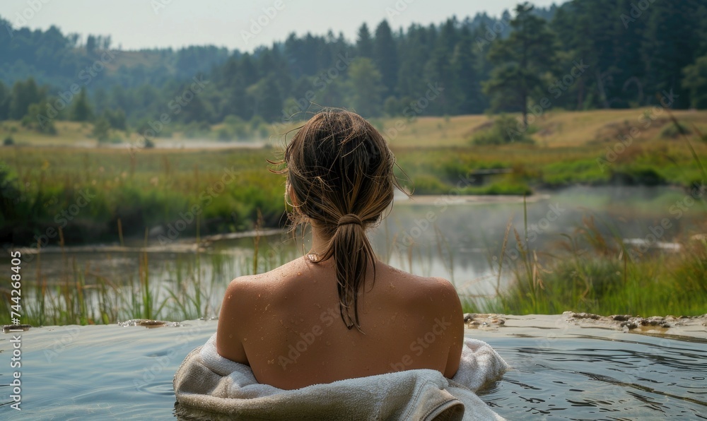 Fototapeta premium A young woman is relaxing in the lake. Back view