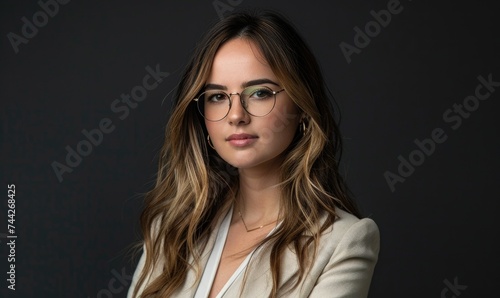 Portrait of a beautiful girl with glasses on a dark background.